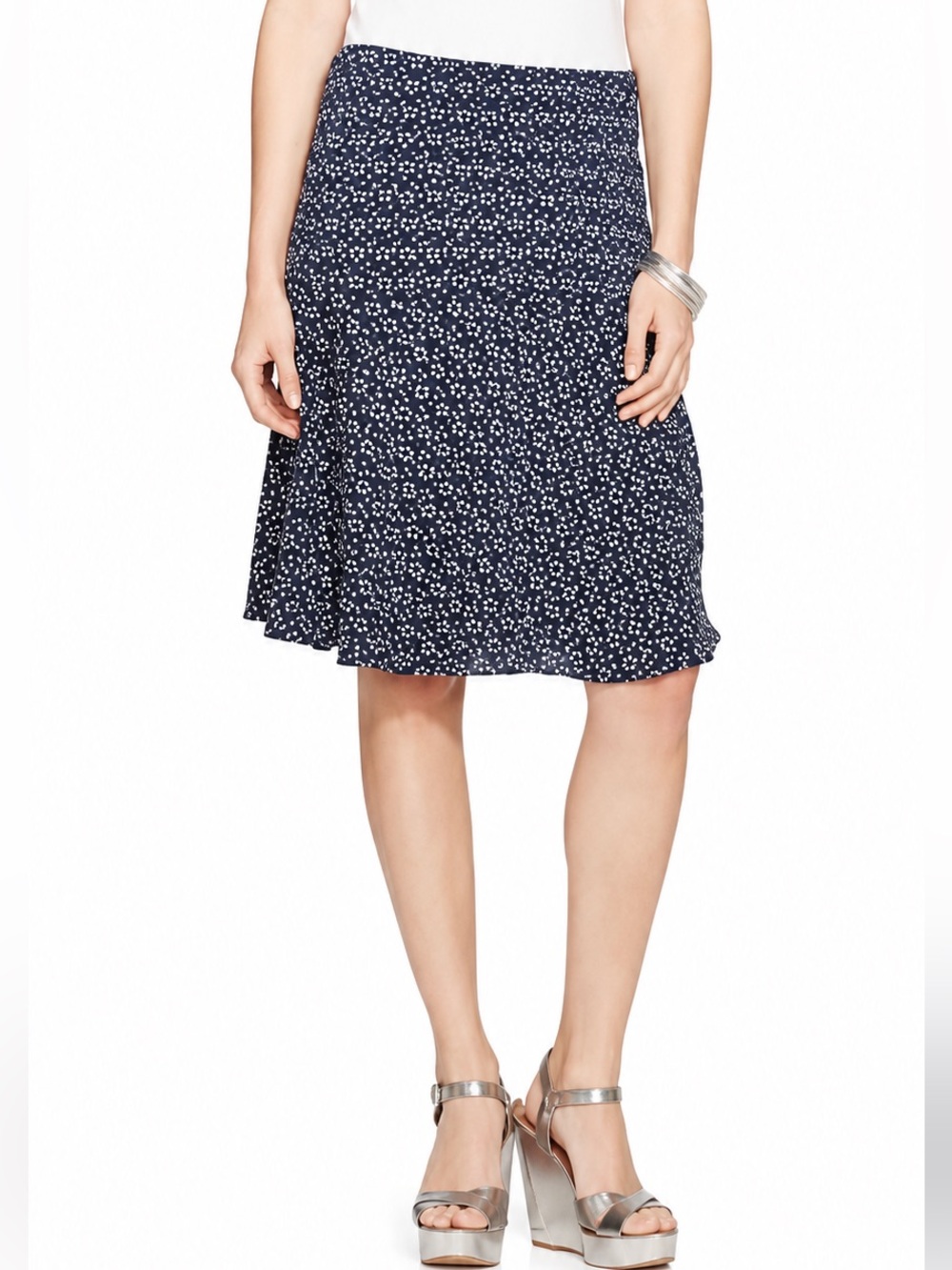 Lauren Ralph Lauren Navy White Flared A-Line Skirt Size 2 Lined Career Classic
